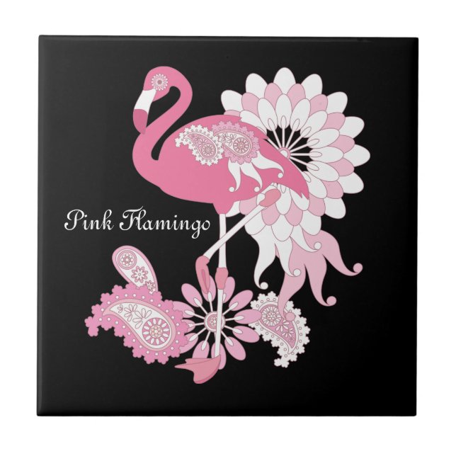 Modern Svart Whimsical Tropisk Fågel Rosa Flamingo Kakelplatta (Framsidan)