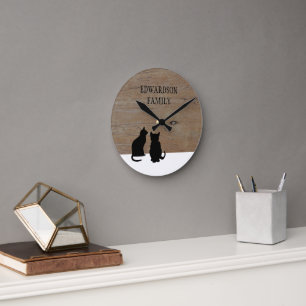 Modern svarta katter silhouettes wood Familjen nam Rund Klocka