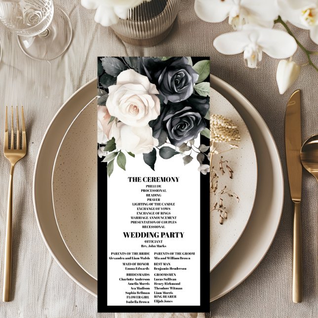 Modern Svarta och vita Blommigten Bröllop Program (Skapare uppladdad)