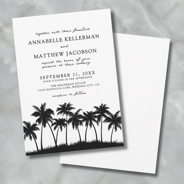 Modern Svarta vita Handflatan Träd, Tropiska Bröll Inbjudningar (Modern Black White Palm Tree Tropical Wedding Invitation)