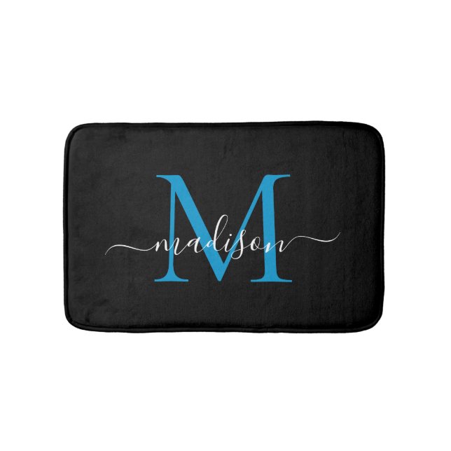 Modern svarthavsblå monogramskript-Elegant Badrumsmatta (Framsidan)