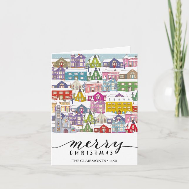 Modern svartskript, MERRY Winter Town-minimalist Helgkort (Framsida)