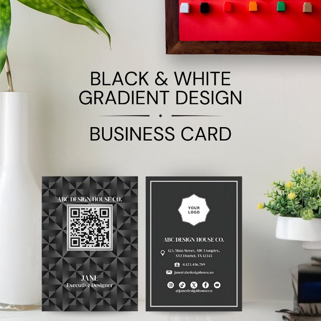 Modern svartvit 3D-övertoning, QR-Professionell Visitkort (Skapare uppladdad)