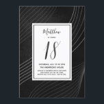 Modern svartvit artonde födelsedag inbjudningar<br><div class="desc">Denna moderna och sofistikerade 18th linjer för vit för födelsedaginbjudansärdrag över simulerad omkullkastar svart bakgrund. Numrera "18" är skriftlig i ett modernt skrivar stilsorten,  och matcher som svarten omkullkastar i bakgrunden. Skräddarsy denna moderiktiga inbjudan med det födelsedagpojken eller flicknamnet och festa info.</div>