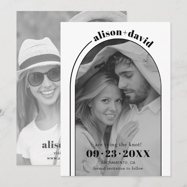 Modern svartvit båge och foto bröllop spara datumet (Fram/baksida)