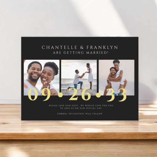 Modern svartvit bild spara datumet inbjudningar (modern unique save the date card featuring three photos for you to show off your love for eachother )