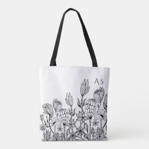 Modern svartvit blommigt grafik monogram tygkasse