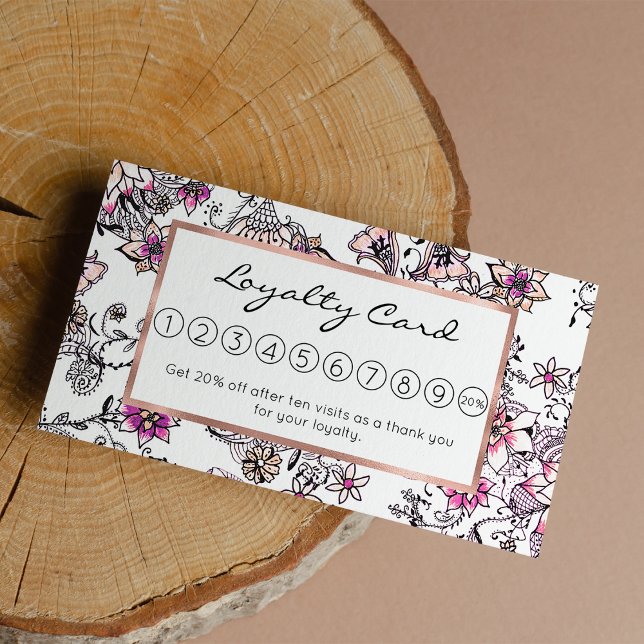 Modern svartvit blommigt med rosa violett  lojalitetskort (Modern pink violet black white floral illustration)