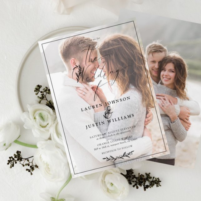 Modern svartvit botaniskt skript Vellum 2-foto Inbjudningar (Skapare uppladdad)