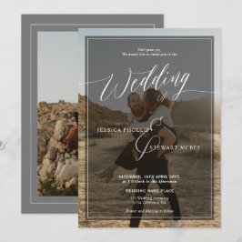 Modern svartvit bröllop-skript 2 foton inbjudningar