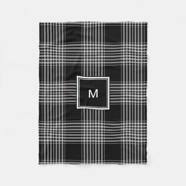 Modern svartvit buffelplädmonogram fleecefilt (Framsidan)