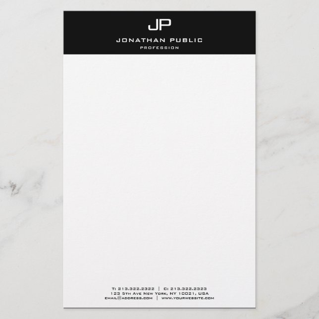 Modern svartvit Elegant, monogrammed svart mall Brevpapper (Framsida)