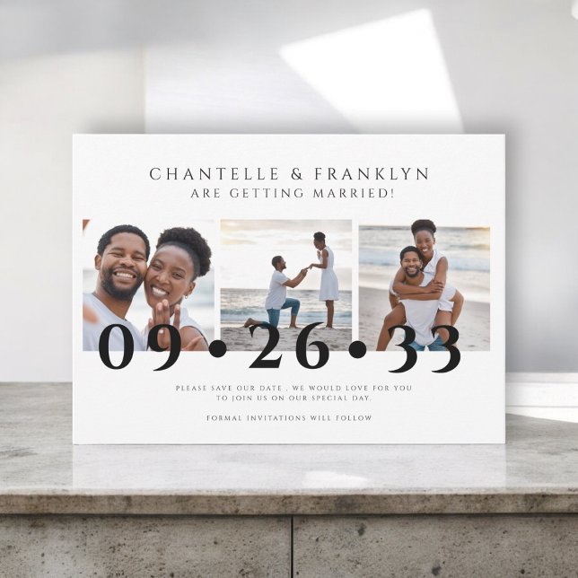 modern svartvit foton spara datumet inbjudningar (modern three photo collage save the date invitation )