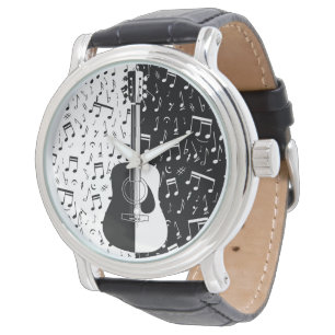 Modern svartvit gitarrmusik notermanar armbandsur