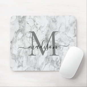 Modern svartvit Grått Marble Monogram-skript Musmatta