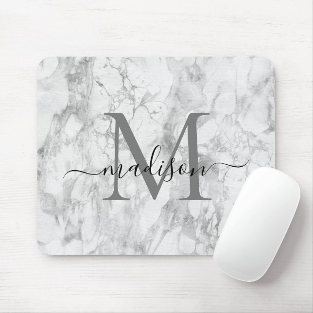 Modern svartvit Grått Marble Monogram-skript Musmatta (Med mus)