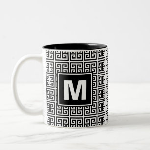 Modern svartvit greknyckelMonogram Två-Tonad Mugg