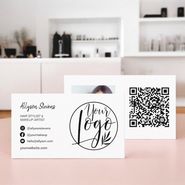 Modern svartvit hårsmakeup, fotokod logotyp qr visitkort (Modern black white hair makeup photo logo qr code business card)