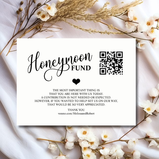 Modern svartvit honungsmånfond + QR-kod Tilläggskort (Modern Black & White Honeymoon Fund + QR Code Enclosure Card | Classic heart)