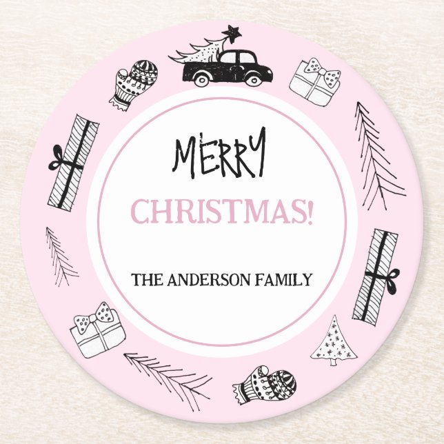 Modern svartvit illustration på Rosan Underlägg Papper Rund (Framsidan)