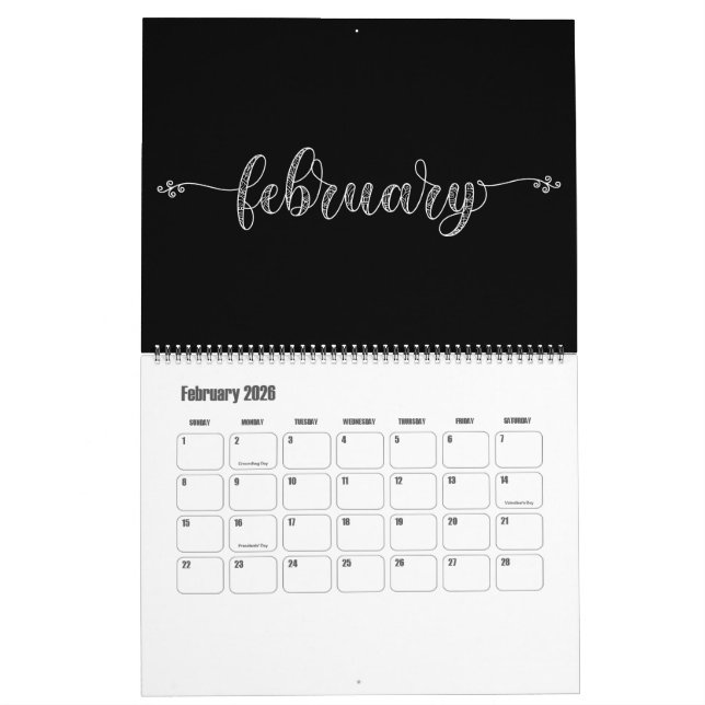 Modern svartvit kalender för Funky (Feb 2026)