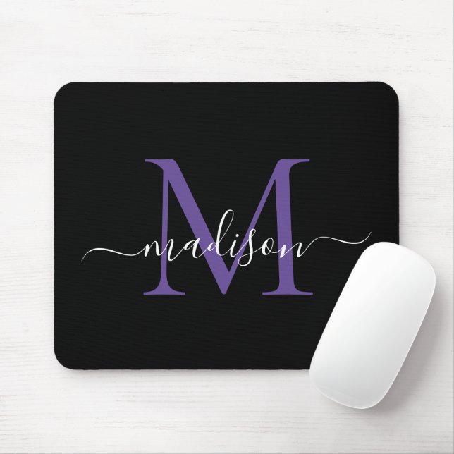 Modern svartvit Lila Violet Girly-skript i Monogra Musmatta (Med mus)