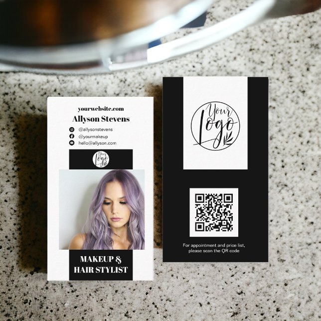 Modern svartvit makeup-hårfoto qr-logotyp visitkort (Modern black white makeup hair photo qr code logo business card)
