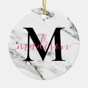 Modern svartvit marble grått-marble mönster-kallig julgransprydnad keramik