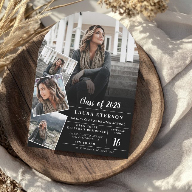 Modern svartvit minimalist 5 studenten inbjudningar (Modern black white minimalist 5 photo graduation invitation)