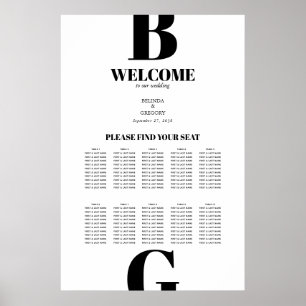 Modern svartvit monogram Bröllop-sätesdiagram Poster