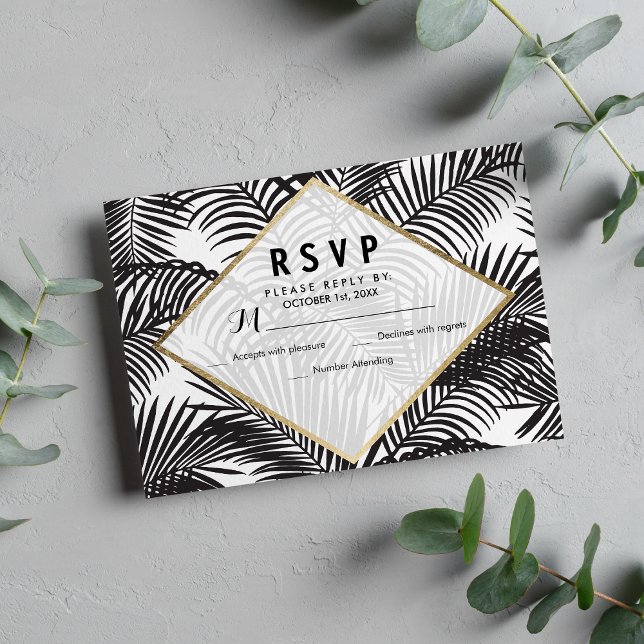 Modern svartvit nordisk blommigt i guld OSA kort (Modern black white gold tropical floral RSVP)