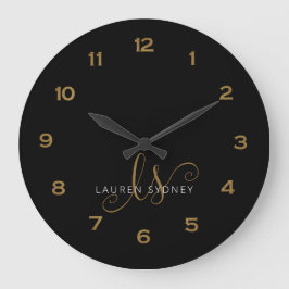 Modern svartvit och monogrammad Guld-skript Stor Klocka