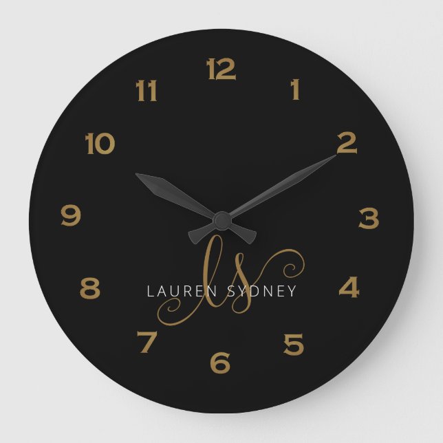 Modern svartvit och monogrammad Guld-skript Stor Klocka (Framsida)