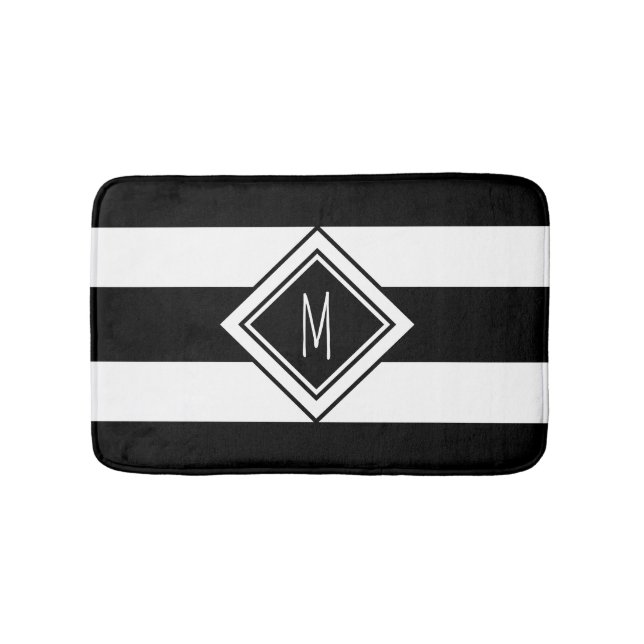 Modern svartvit Rand Monogram Badrumsmatta (Framsidan)