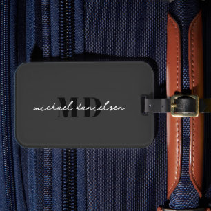 Modern svartvit skript, monogrammad, minimalistisk bagagebricka
