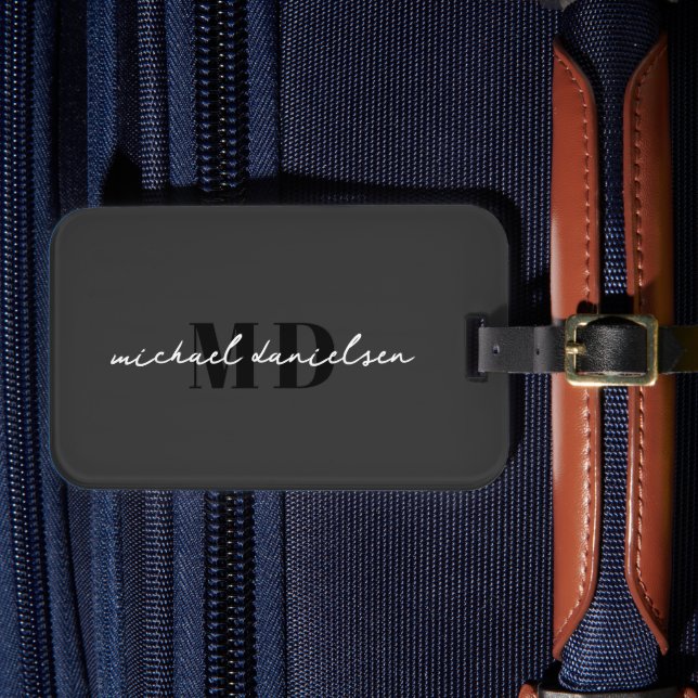 Modern svartvit skript, monogrammad, minimalistisk bagagebricka (Framsida Insitu 4)