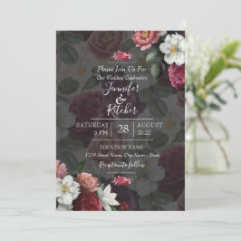 Modern svartvit tema med burgundsblommor inbjudningar