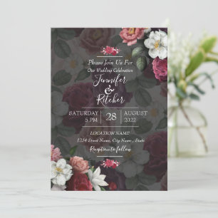 Modern svartvit tema med burgundsblommor inbjudningar