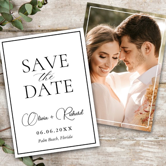 Modern svartvit typgrafi, par foto spara datumet (Modern Black And White Typography Couple Photo Save The Date
)