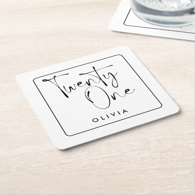 Modern svartvit typografi 21 fotofödelsedag underlägg papper kvadrat (Vinklad)