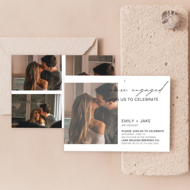 Modern svartvitt 4-foto-Förlovningsfest Inbjudningar (Easily personalize this engagement party invite with your photos and deets!)