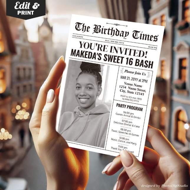 Modern svensk 16-inbjudan med programtidning julkort (16th Birthday Newspaper Invitations with Program)