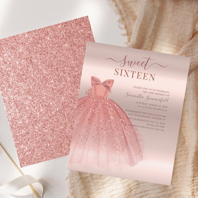 Modern svensk födelsedag med 16 Glitter-skript Ro  (Sweet 16 Rose Gold Dress Script Birthday Party Invitation)