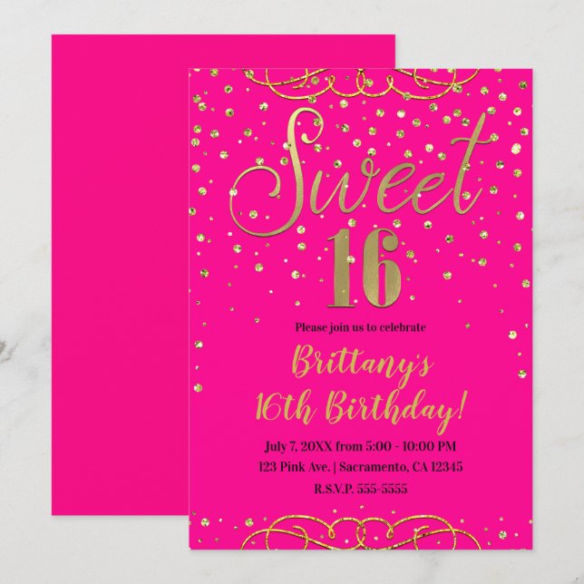 Modern Sverige shock rosa 16 Party i Glitter och G Inbjudningar (Fram/baksida)