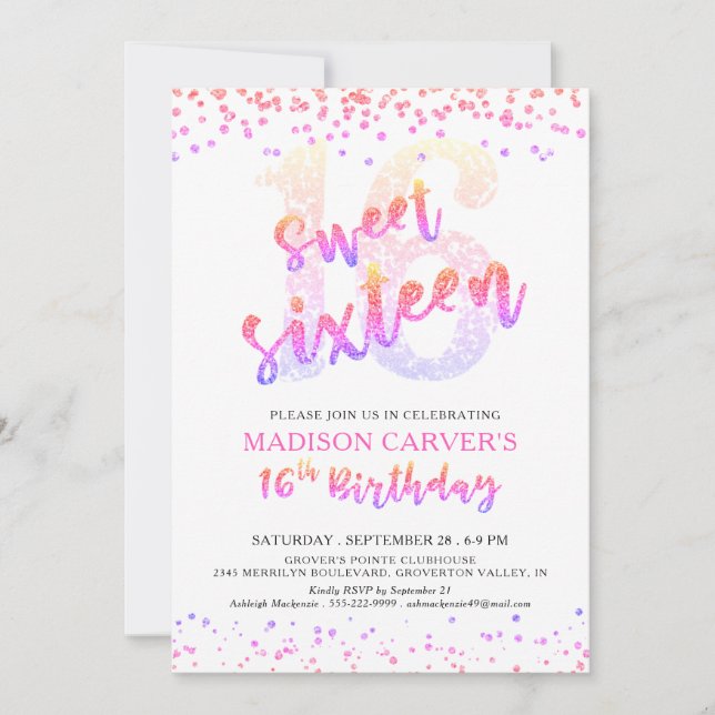 Modern Sweet 16 Birthday Rosa Lila Glitter Inbjudningar (Framsida)