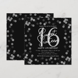 MODERN Sweet 16 Birthday Silver Chic Glitter Black Inbjudningar