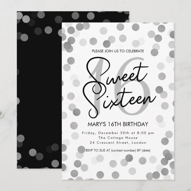 MODERN Sweet 16 Birthday Silver Chic Glitter Inbjudningar (Fram/baksida)