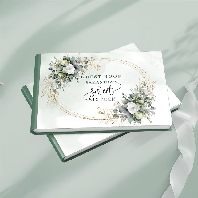 Modern Sweet 16 grön guld eukalyptus blomster gäst Gästböcker (Modern Sweet 16 green gold eucalyptus floral guest book)
