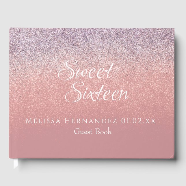 Modern Sweet 16  Rosa Glitter Ombré Birthday Gästböcker (Framsida)