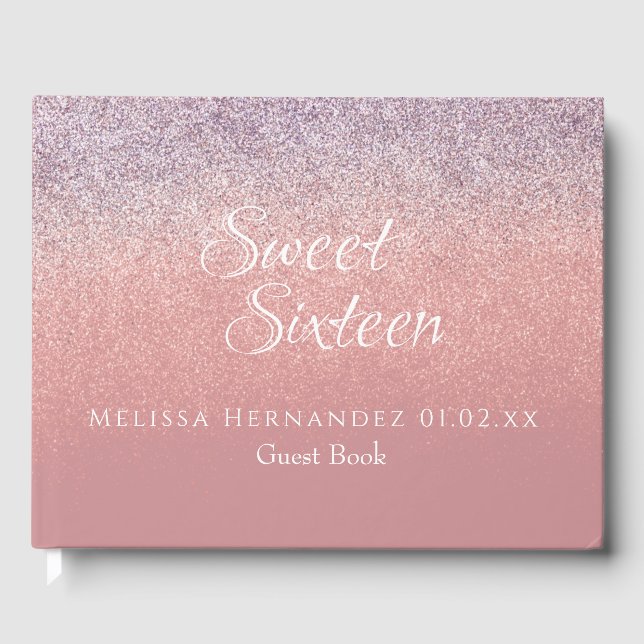Modern Sweet 16 Rosa Glitter Ombré Födelsedag Gästböcker (Framsida)
